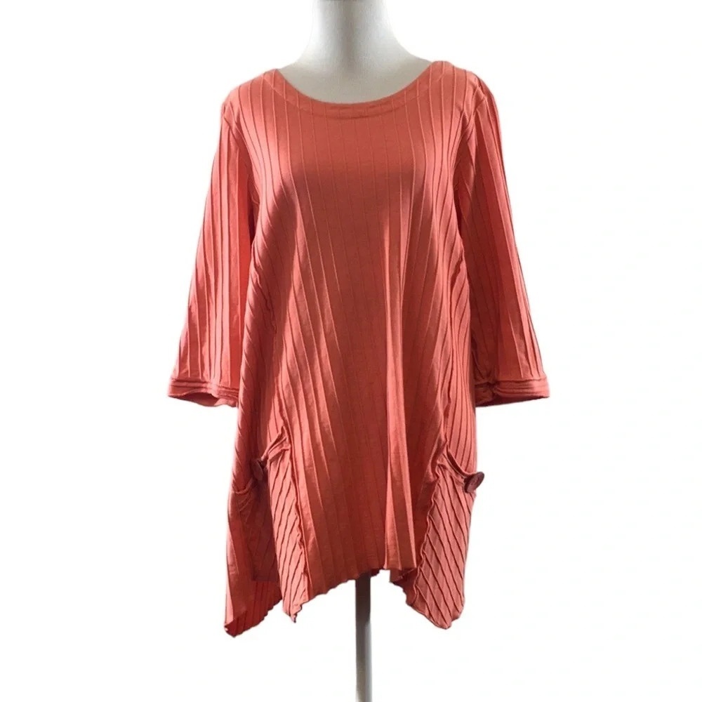 Ali Miles Coral Pink‎ Pleated Blouse Womens Large 3/4 Sleeve Cotton Tunic atop